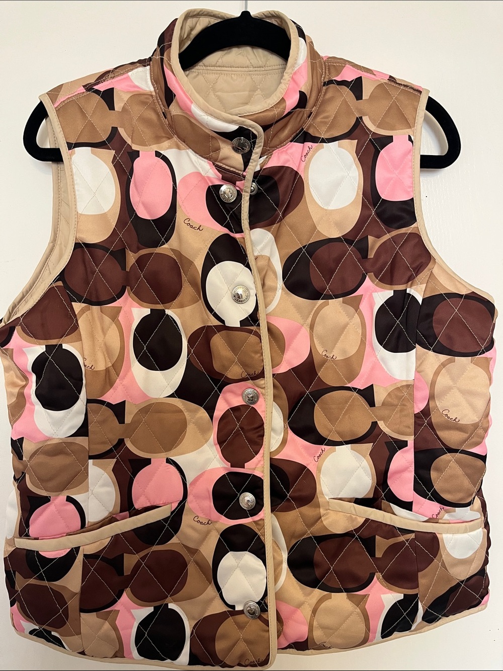 Vintage Coach scarf print pink signature jacquard reversible vest Y2K brow tan